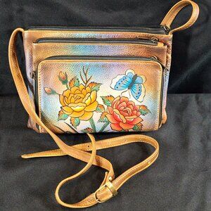 SOVA Small Floral Butterfly Crossbody Purse Hand Painted Leather like Anuschka